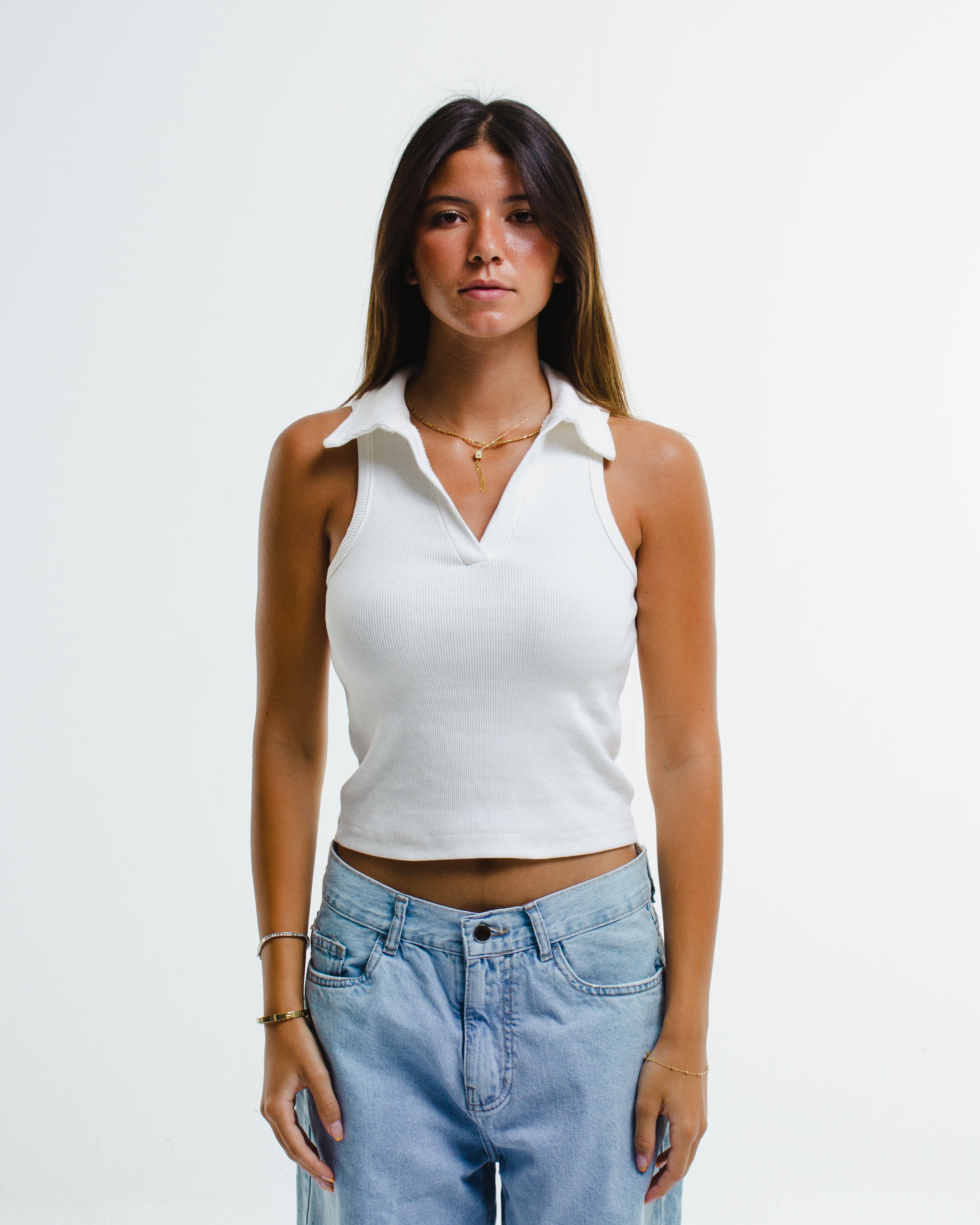 Ribbed Sleeveless Collared Top – White