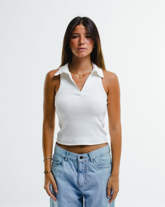 Ribbed Sleeveless Collared Top – White