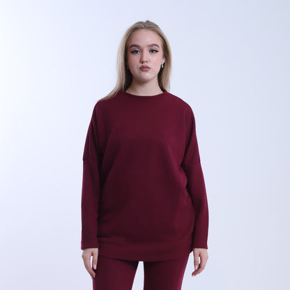 Wool Solid Wide-Leg Set – Burgundy