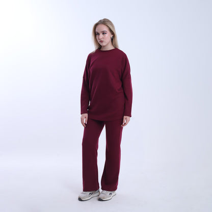 Wool Solid Wide-Leg Set – Burgundy