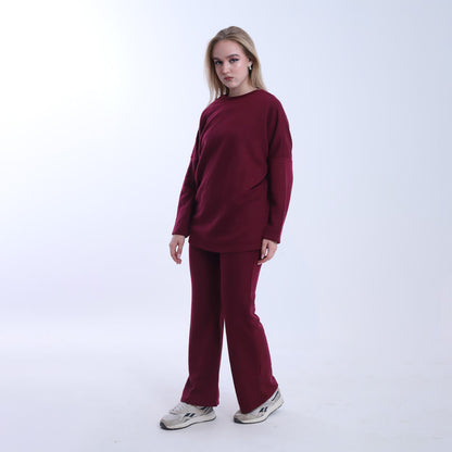 Wool Solid Wide-Leg Set – Burgundy