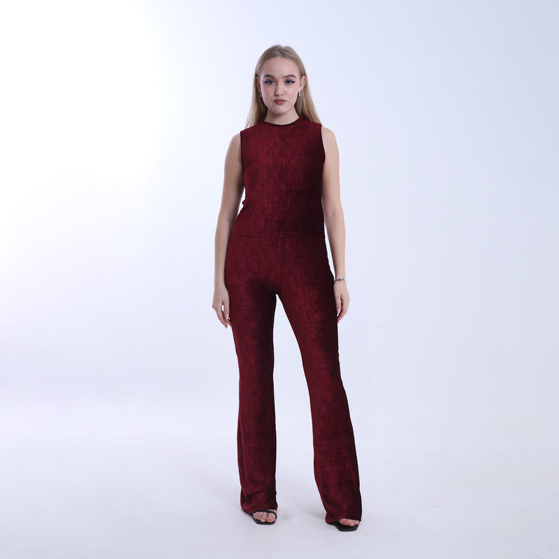 Velvet Textured Flare Co-ord Set – Burgundy