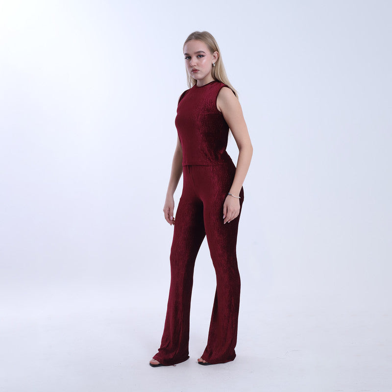 Velvet Textured Flare Co-ord Set – Burgundy