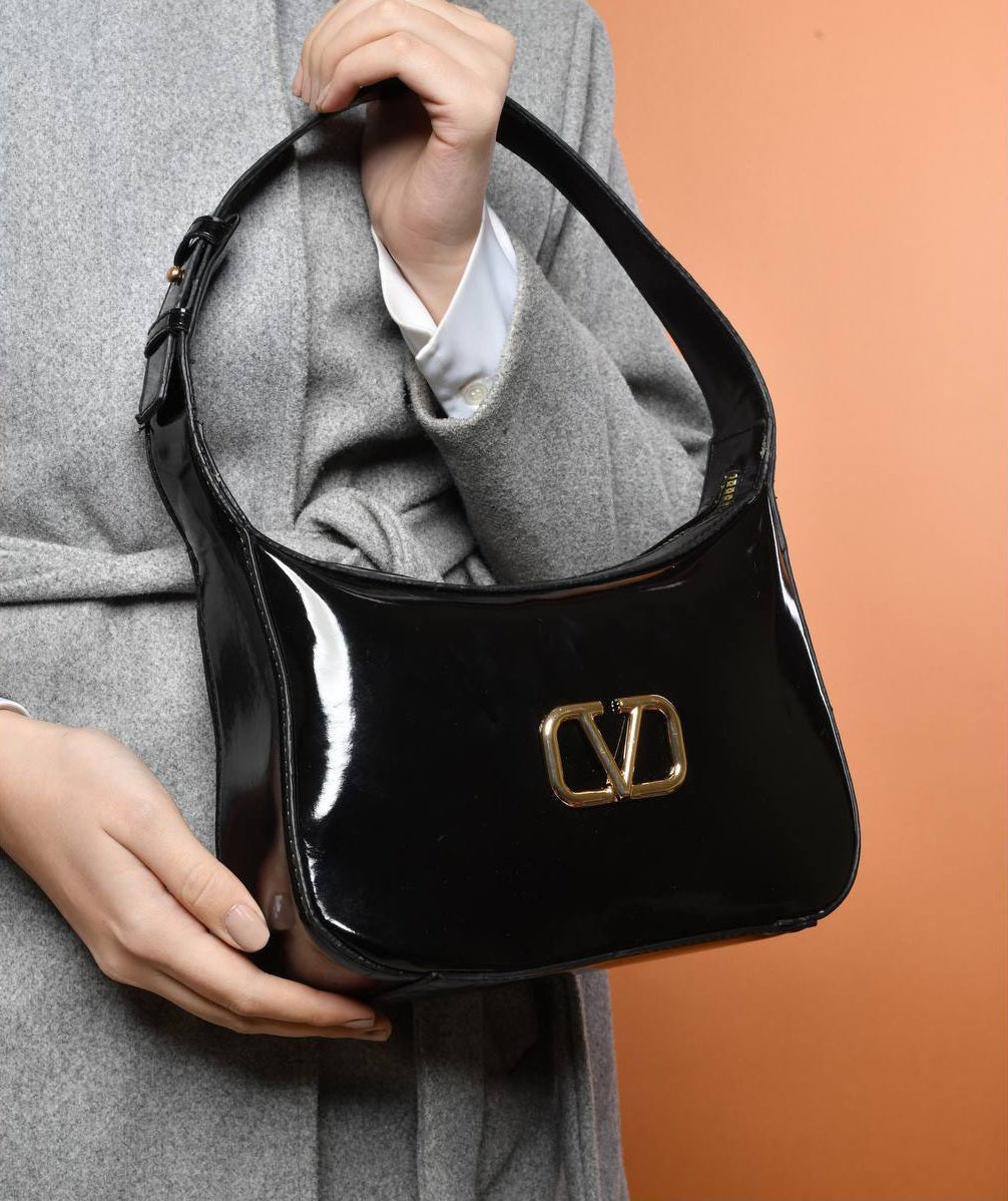 Glossy Patent Leather Logo Shoulder Bag – Black