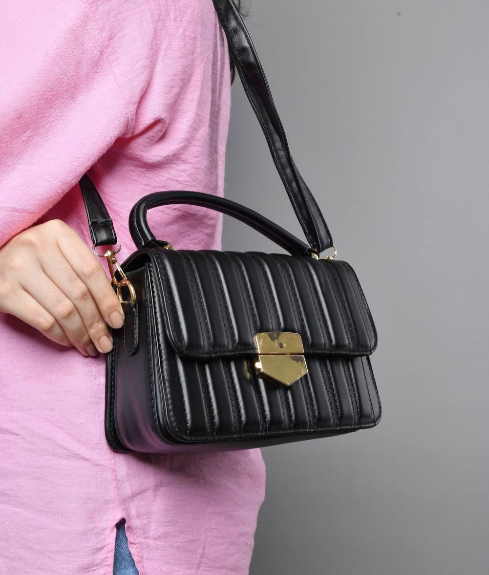 Faux Leather Quilted Flap Shoulder Bag – Black