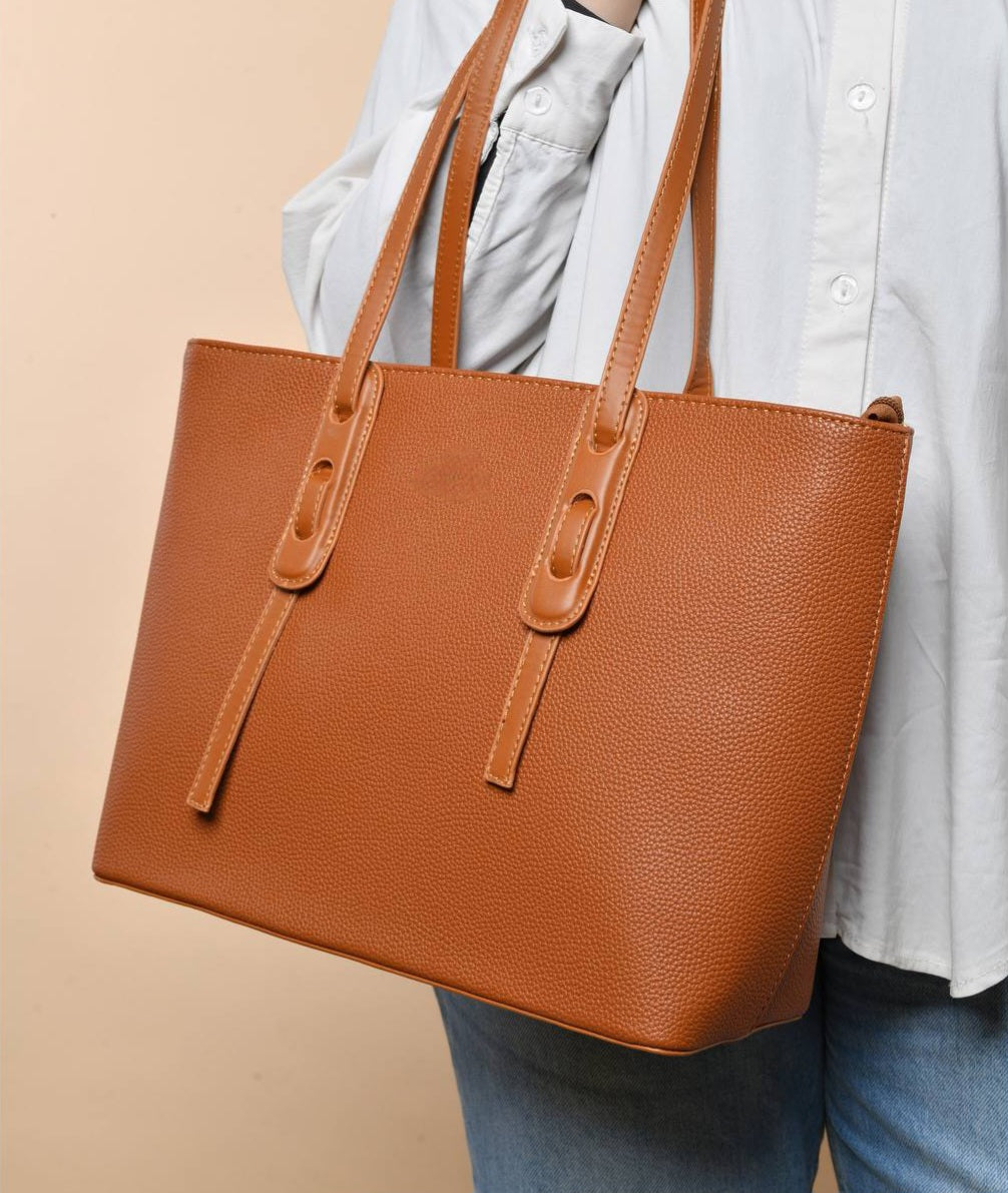 Leather Solid Rectangular Shoulder Bag – Havana