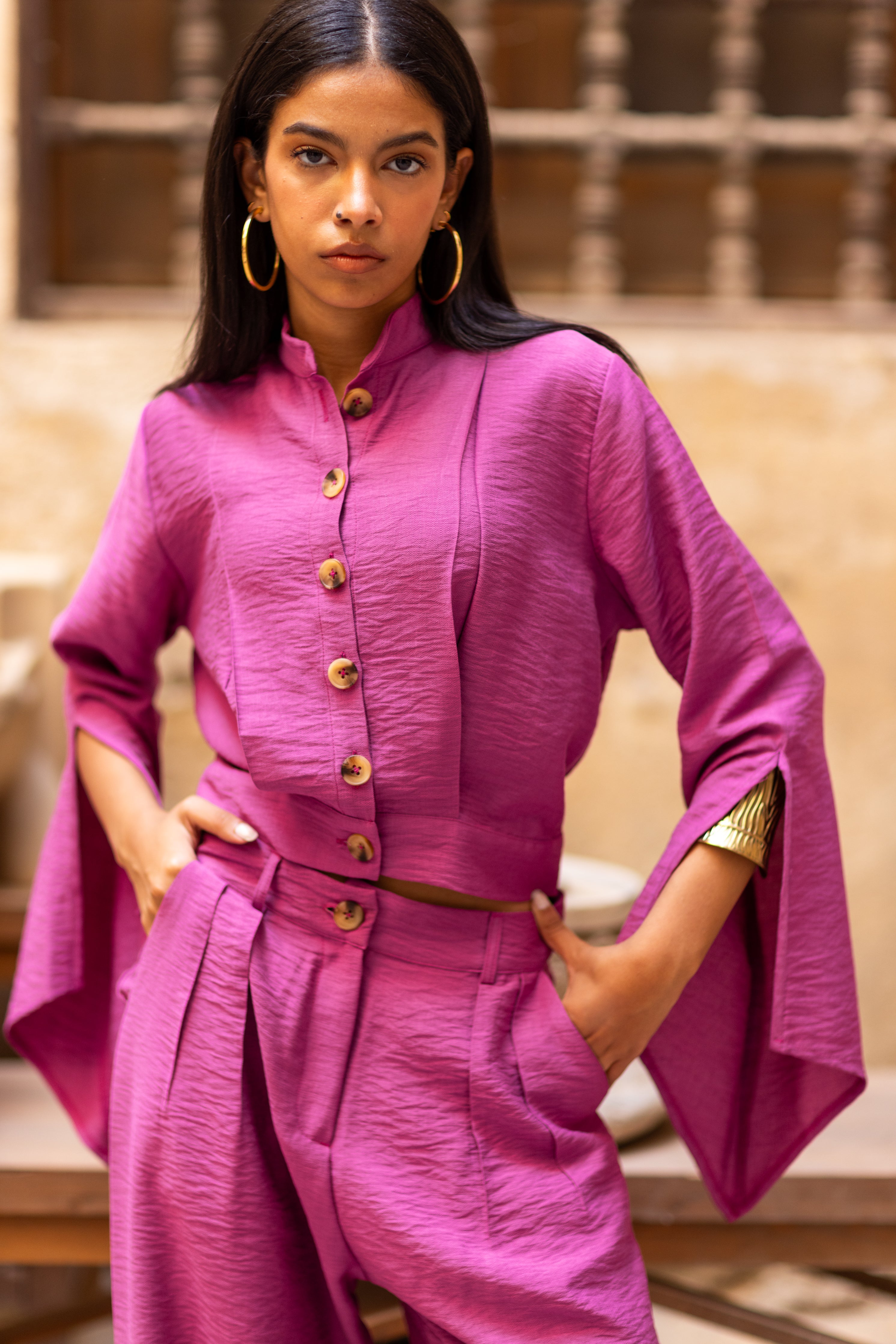 Linen Magenta Muse Slits Top - Fuchsia