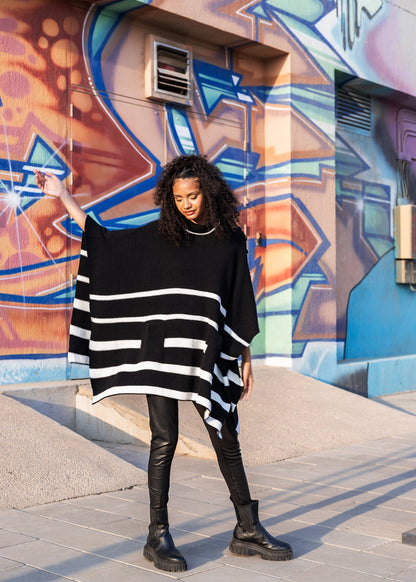 Black Poncho with White Stripes