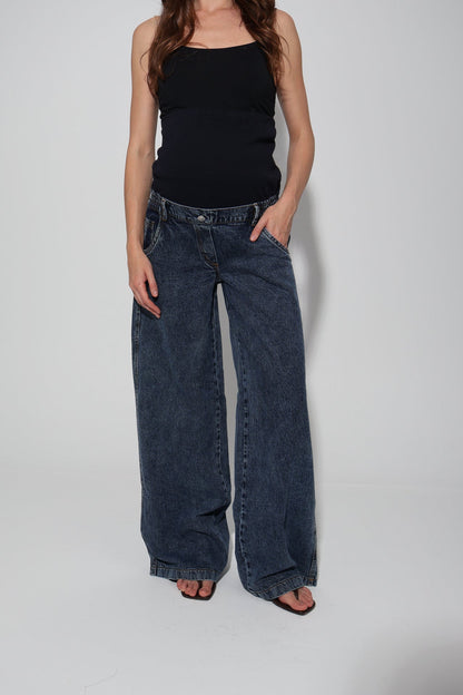 Cotton Vintage-Washed Wide-Leg Maternity Jeans