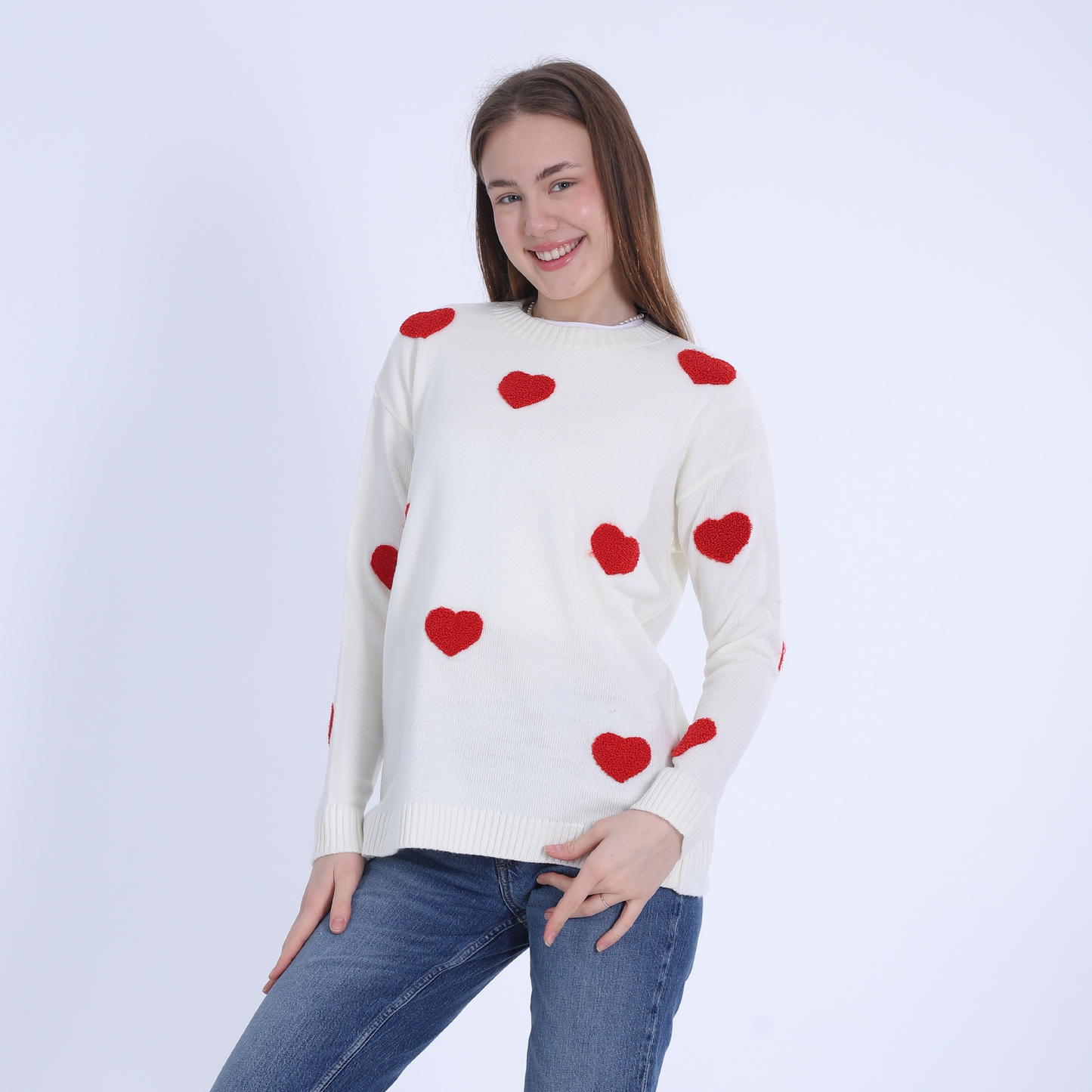 Trico Pullover with Heart-White