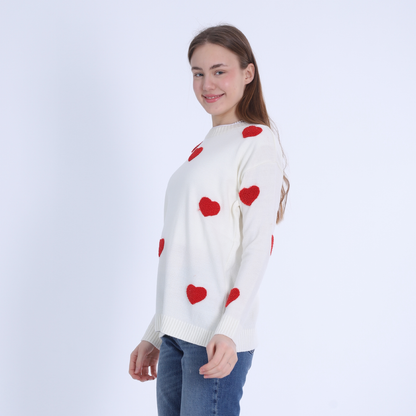 Trico Pullover with Heart-White