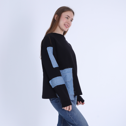 Melton Hoodie with Jeans Pocket-Black