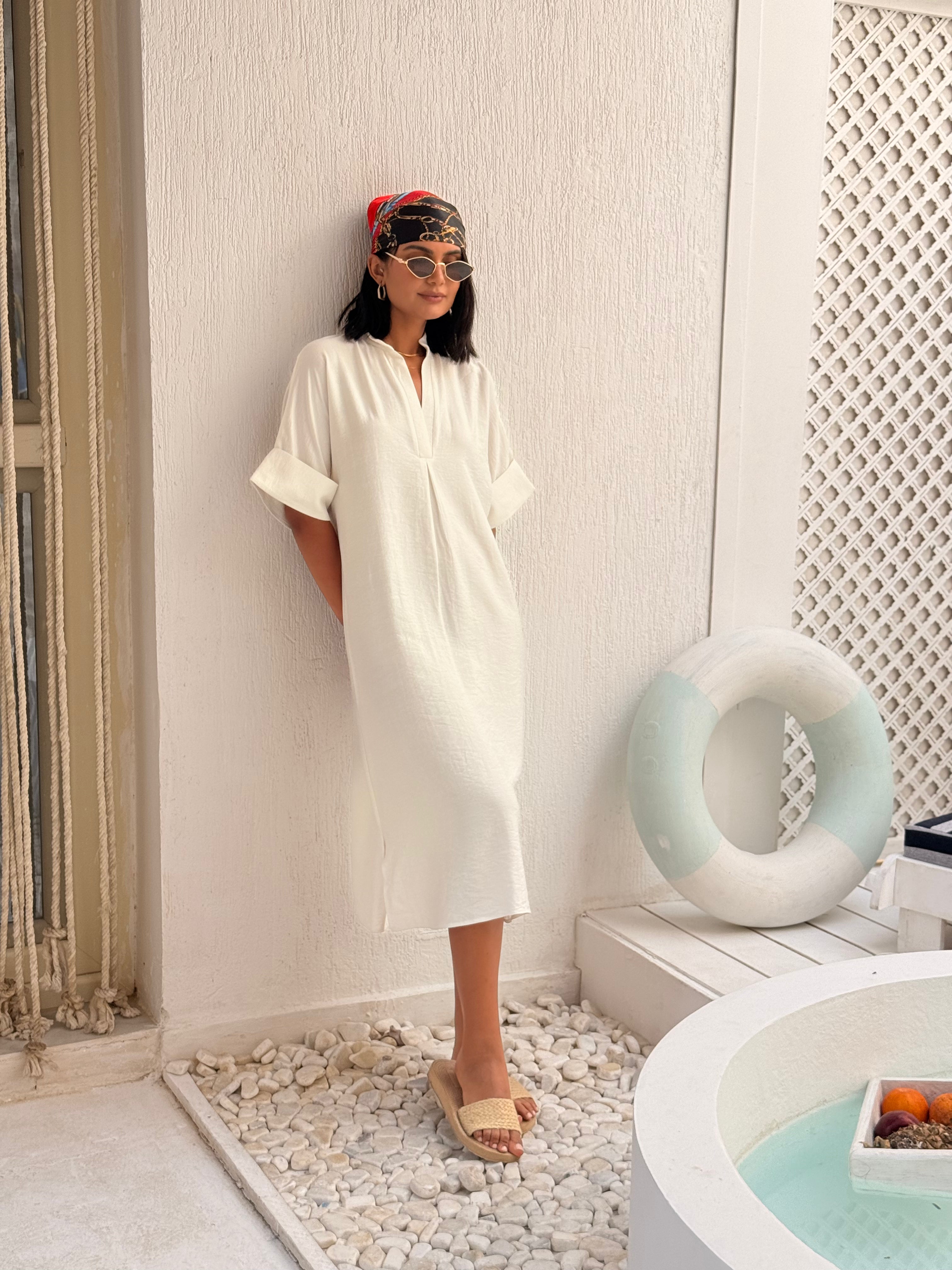 Solid Split Neck Midi Dress – White