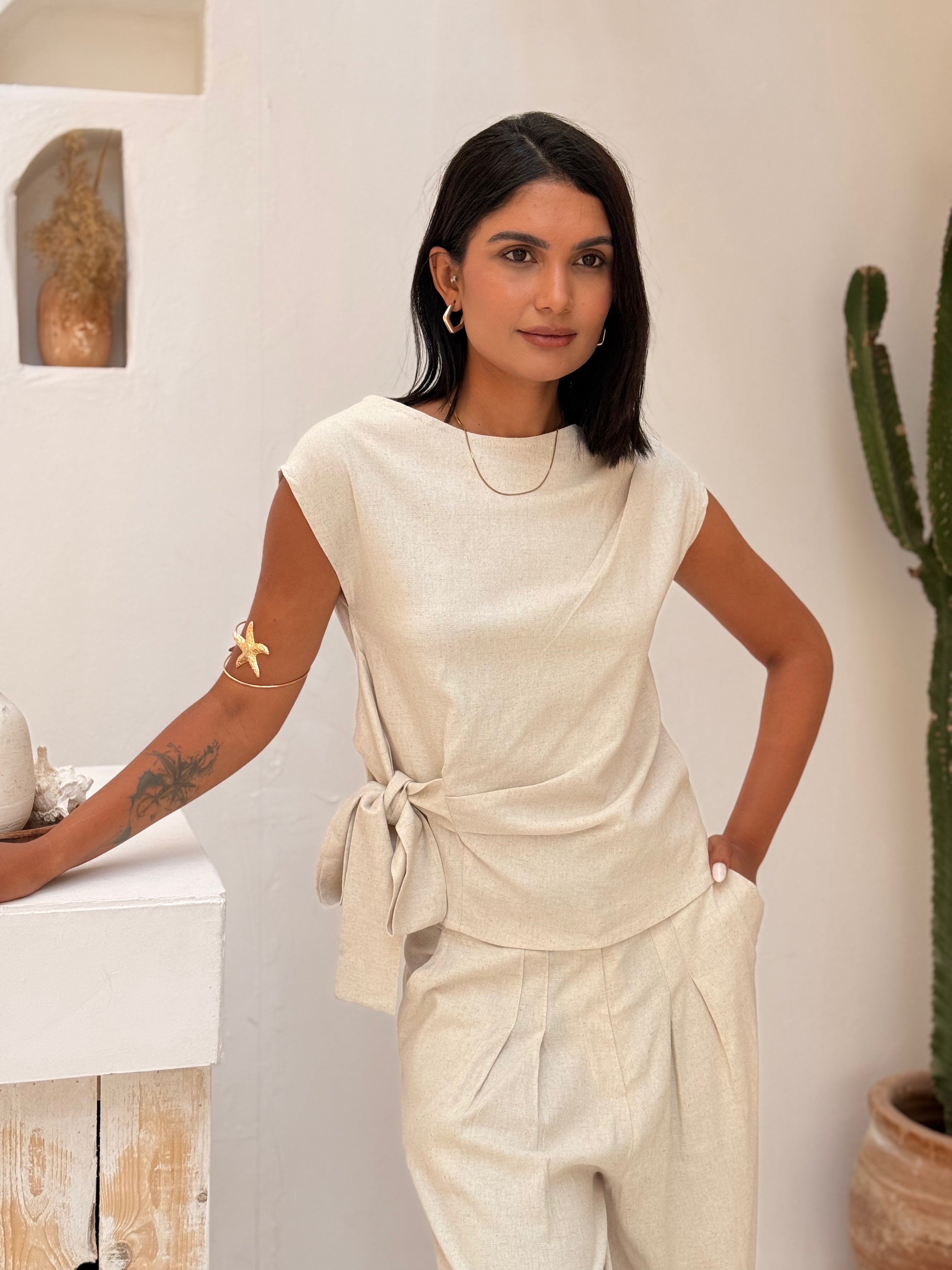 Solid Side-Tie Linen Top – Beige