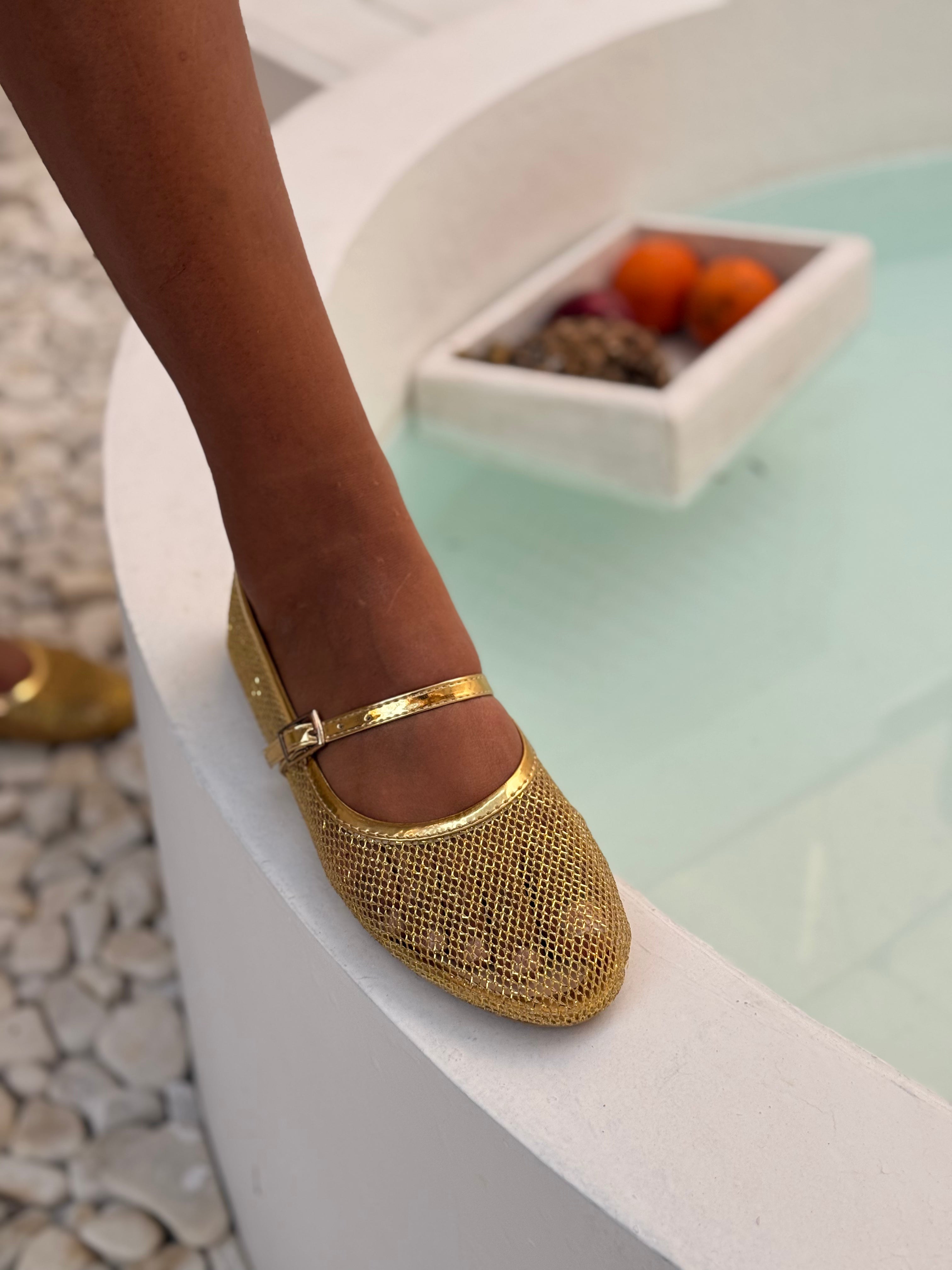 Perforated Round Toe Summer Flats - Gold