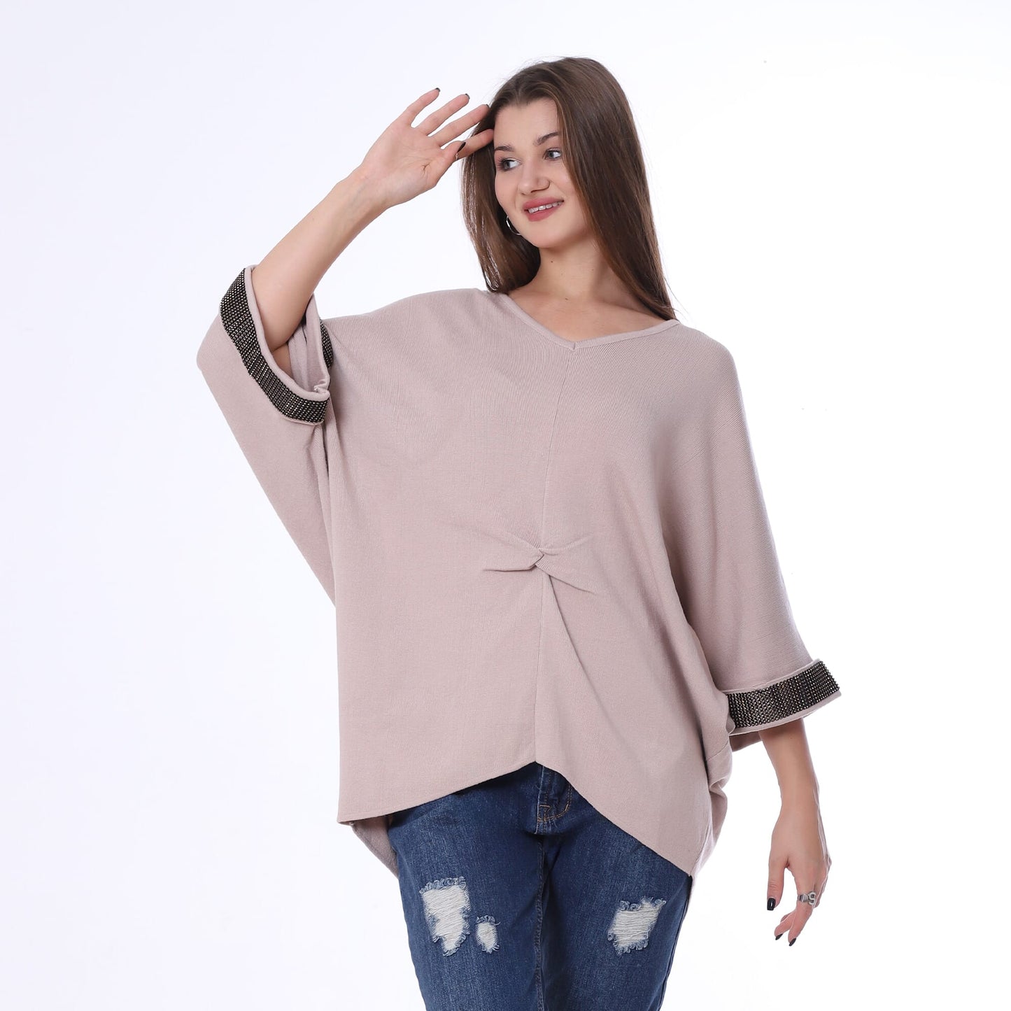 Knitted Poncho With Strass On Sleeves