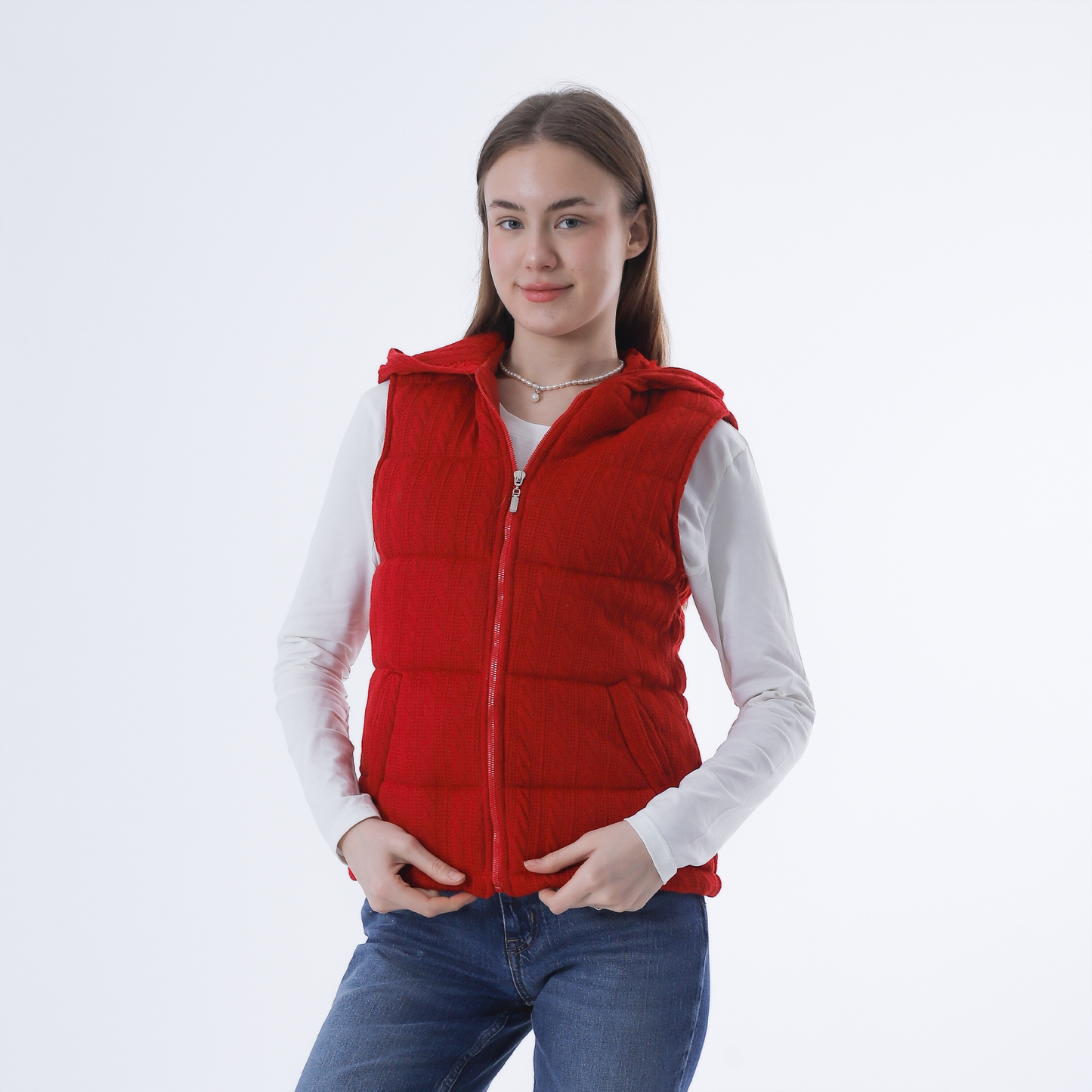 Knitted Vest with zipper-Red