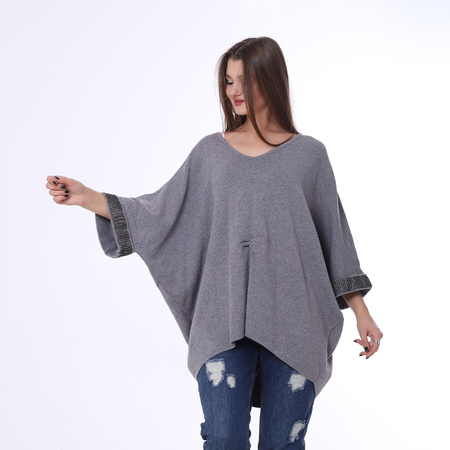 Knitted Poncho With Strass On Sleeves