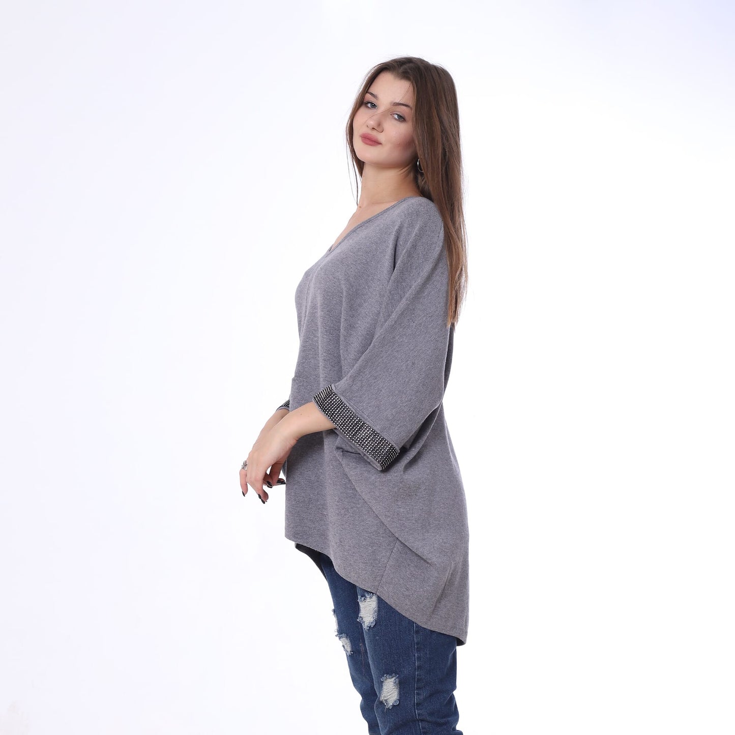 Knitted Poncho With Strass On Sleeves