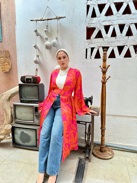 Silky Printed Kimono with Belt - Multicolor