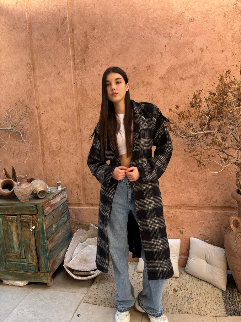 Wool Checked Belted Trench Coat