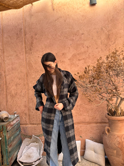 Wool Checked Belted Trench Coat