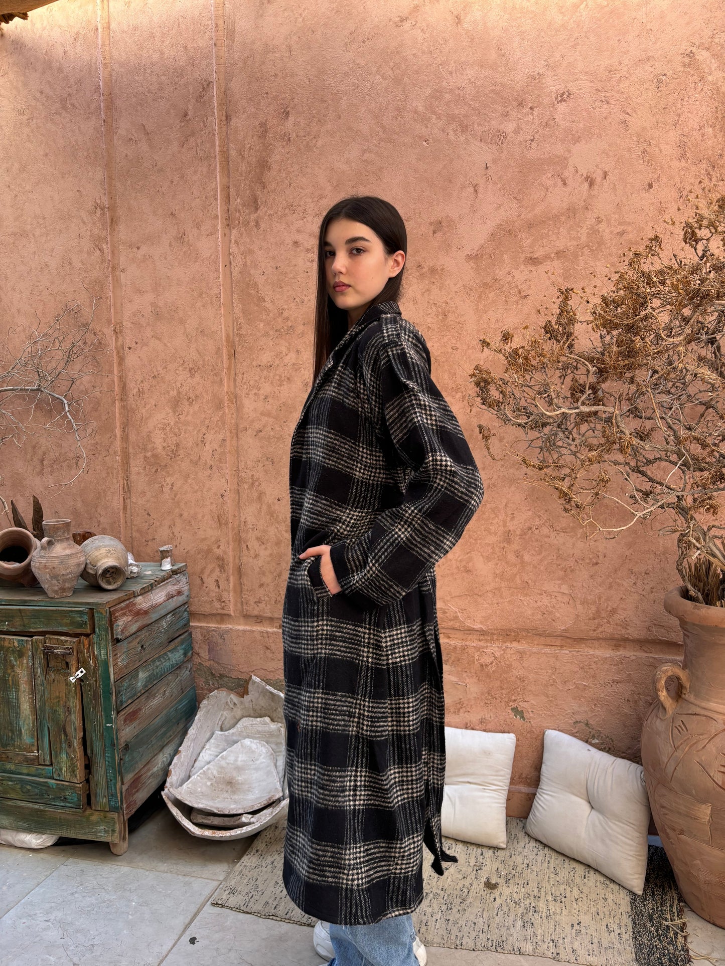 Wool Checked Belted Trench Coat