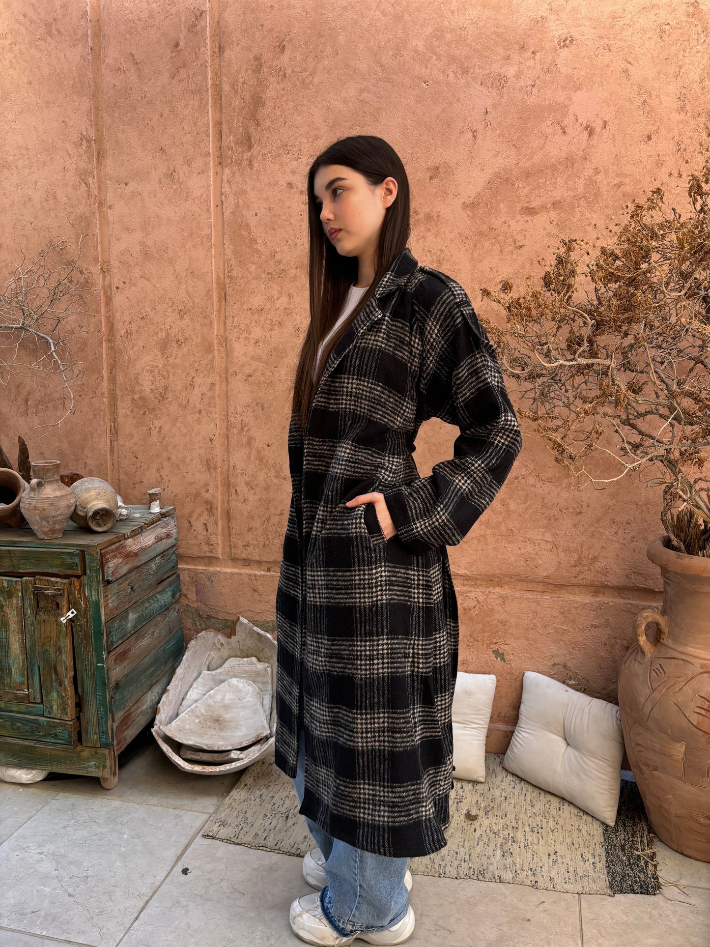 Wool Checked Belted Trench Coat