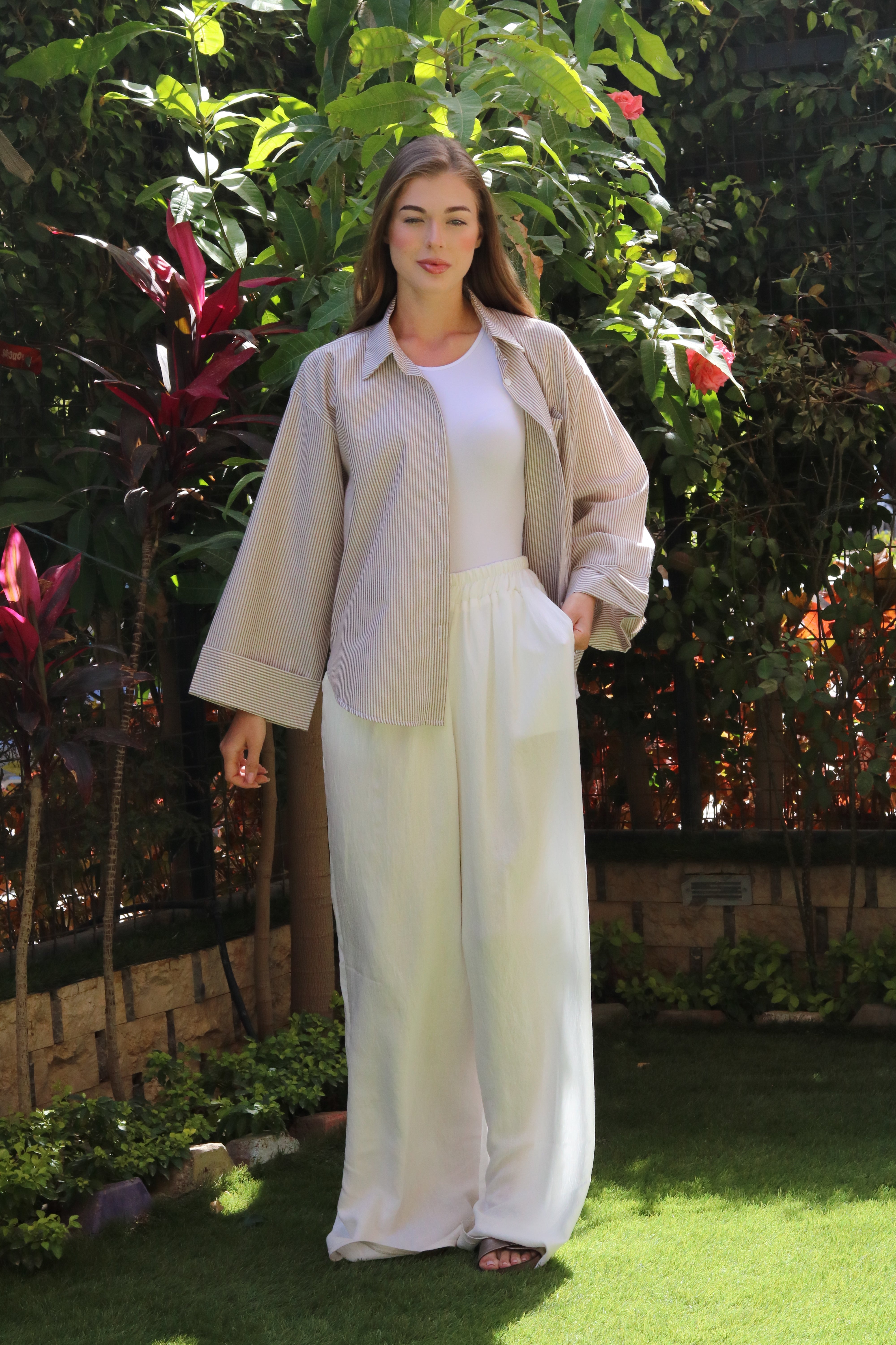 Striped Fabric Casual Oversized Shirt - Grey