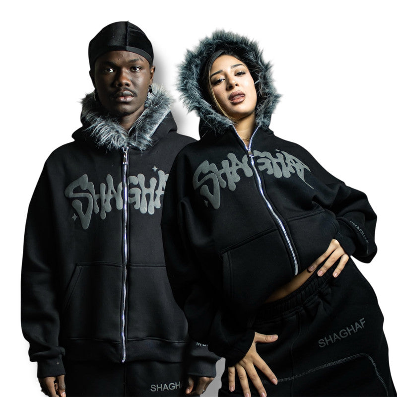 Graphic Puff Print Box Fit Unisex Hoodie – Black