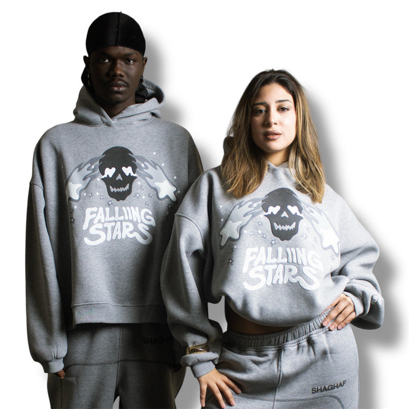 Graphic Puff Print Box Fit Unisex Hoodie – Grey