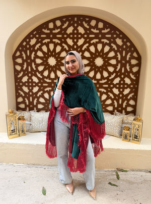 Woman wearing a green and red shawl in front of an ornate wall design.
