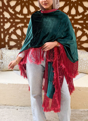 Person wearing a green and red shawl with a textured wall in the background