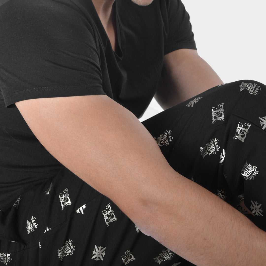 Poly-Cotton Printed Pajama Pants – Black