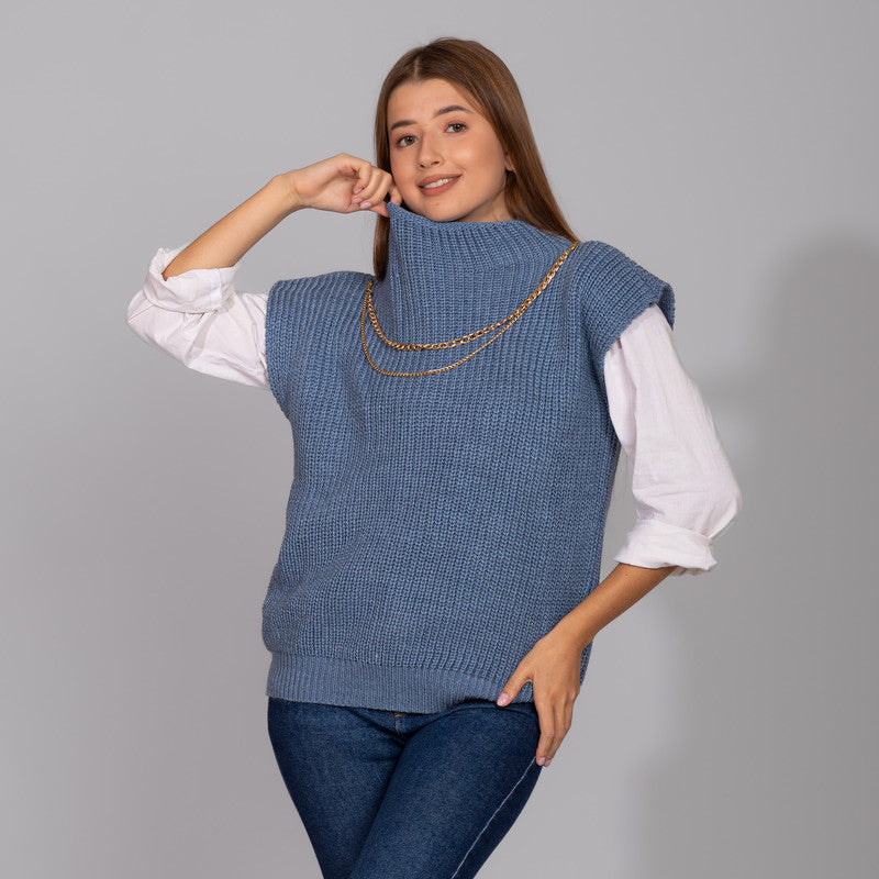 Bluish Grey Knitted Vest with Decorative Chains