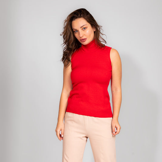 Turtle Neck Sleeveless Top - Red