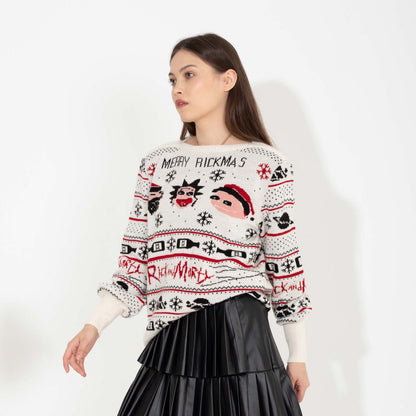 White Knitted Christmas Printed Pullover