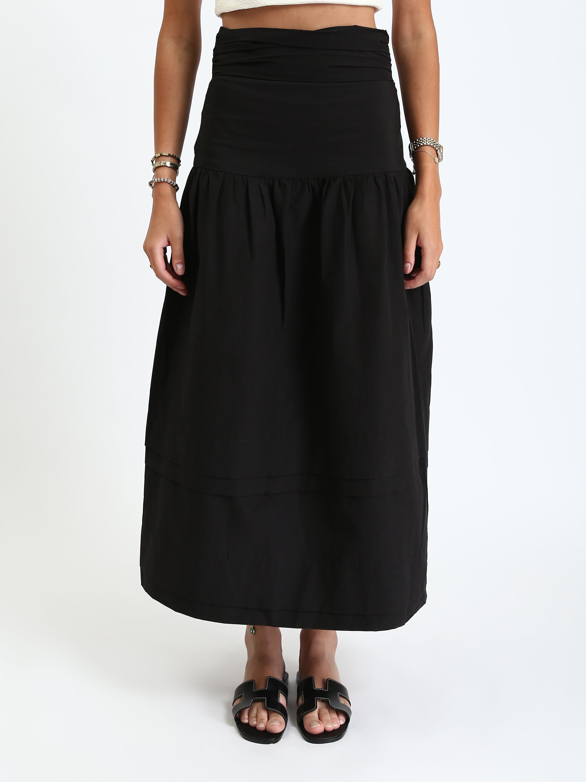 Poplin High-Waist Pleated Midi Skirt - Black