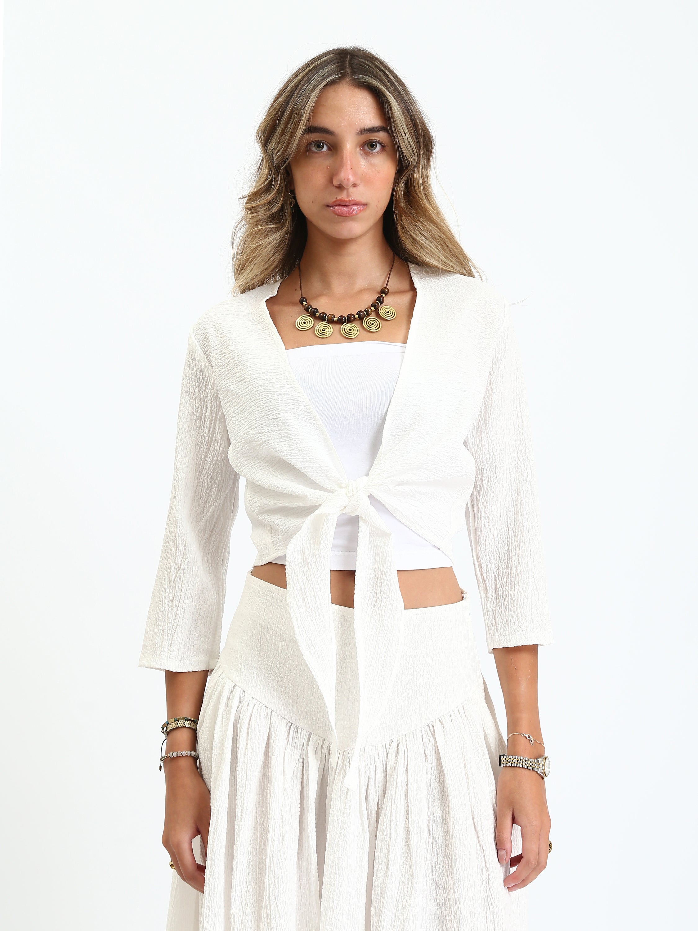 Synthetic Boho Cropped Wrap Blouse - White