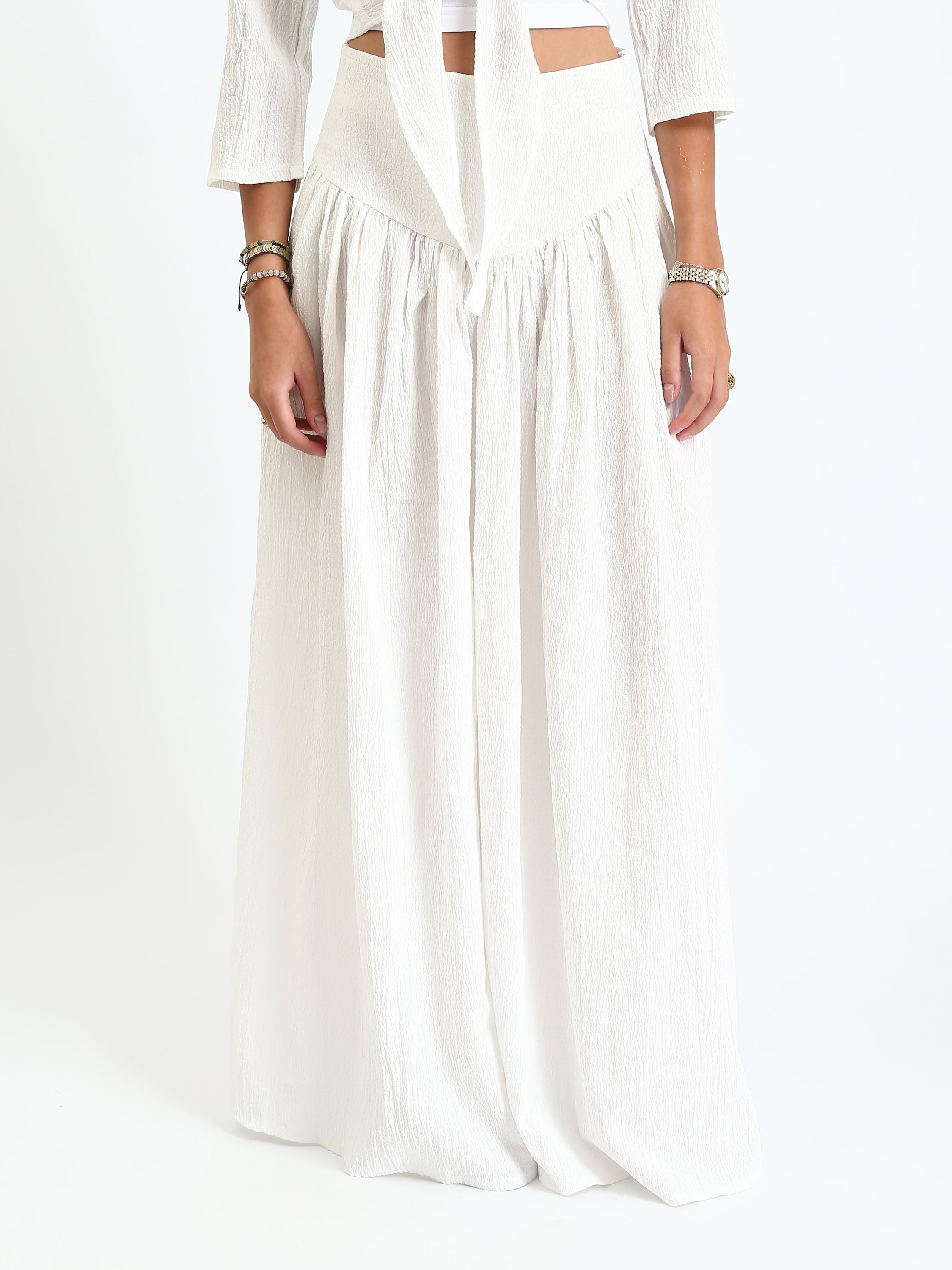 Solid Crinkled Linen Maxi Skirt – White