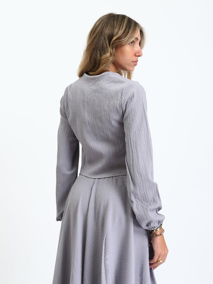 Synthetic Cropped Blouse & Flow Skirt - Grey