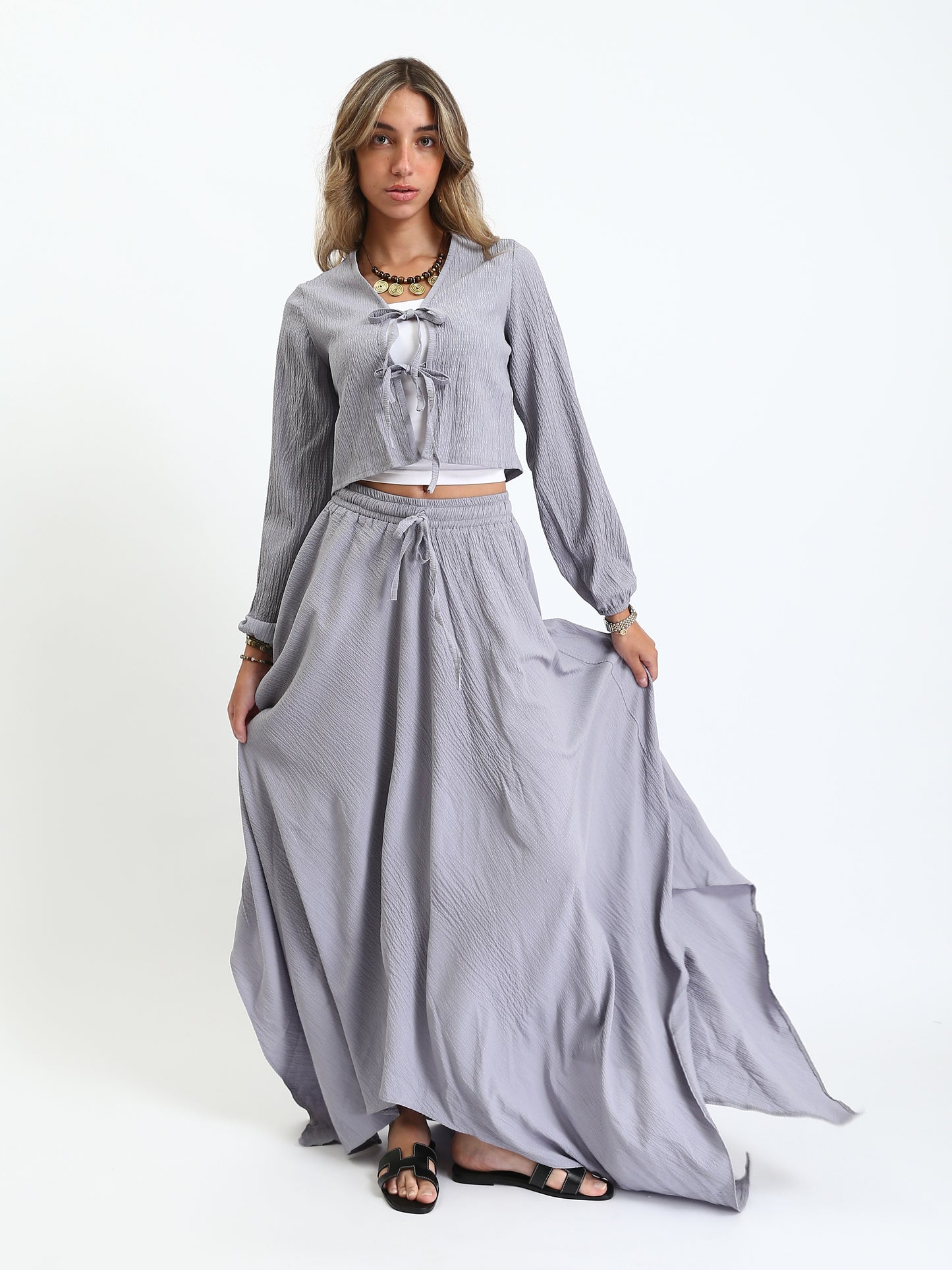 Synthetic Cropped Blouse & Flow Skirt - Grey