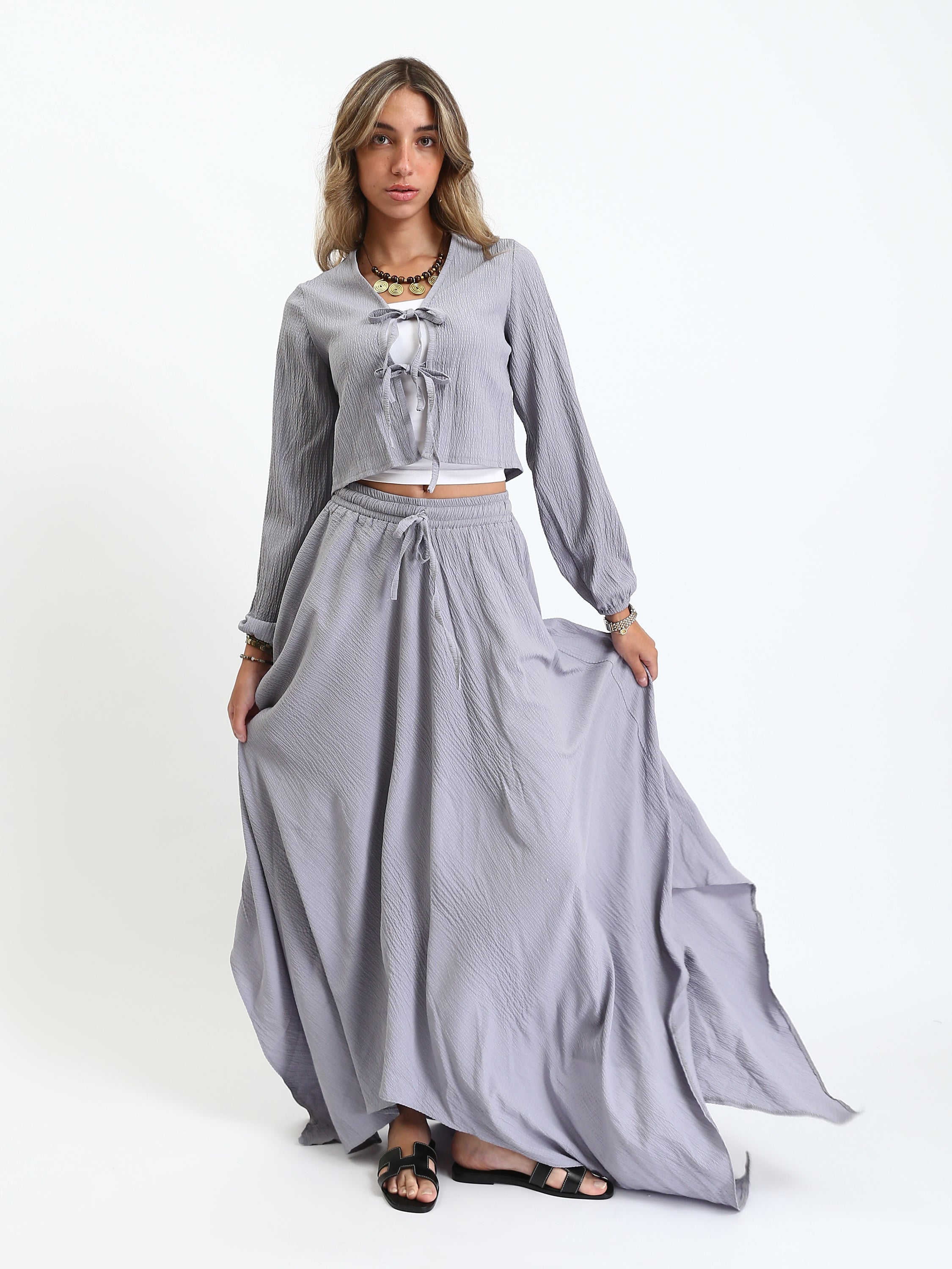 Synthetic Cropped Blouse & Flow Skirt - Grey