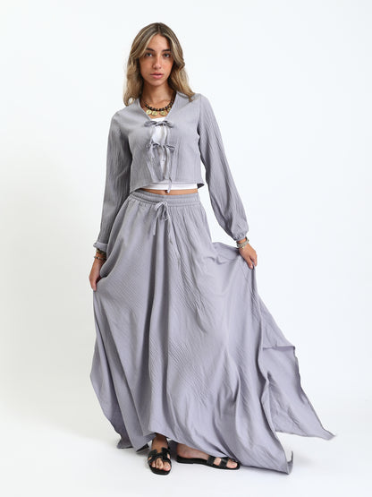 Synthetic Cropped Blouse & Flow Skirt - Grey