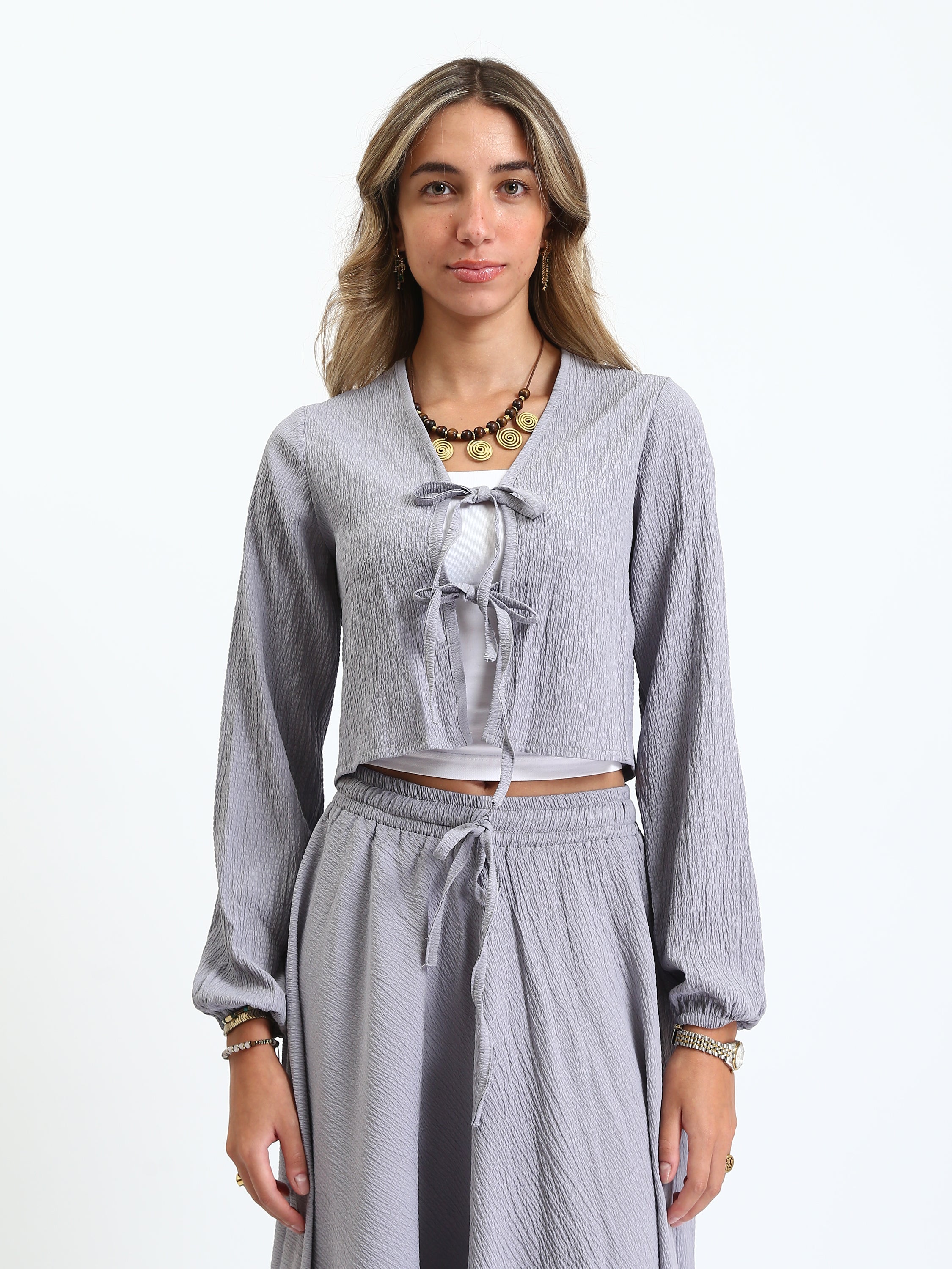 Synthetic Casual Tie-front Cropped Blouse - Grey