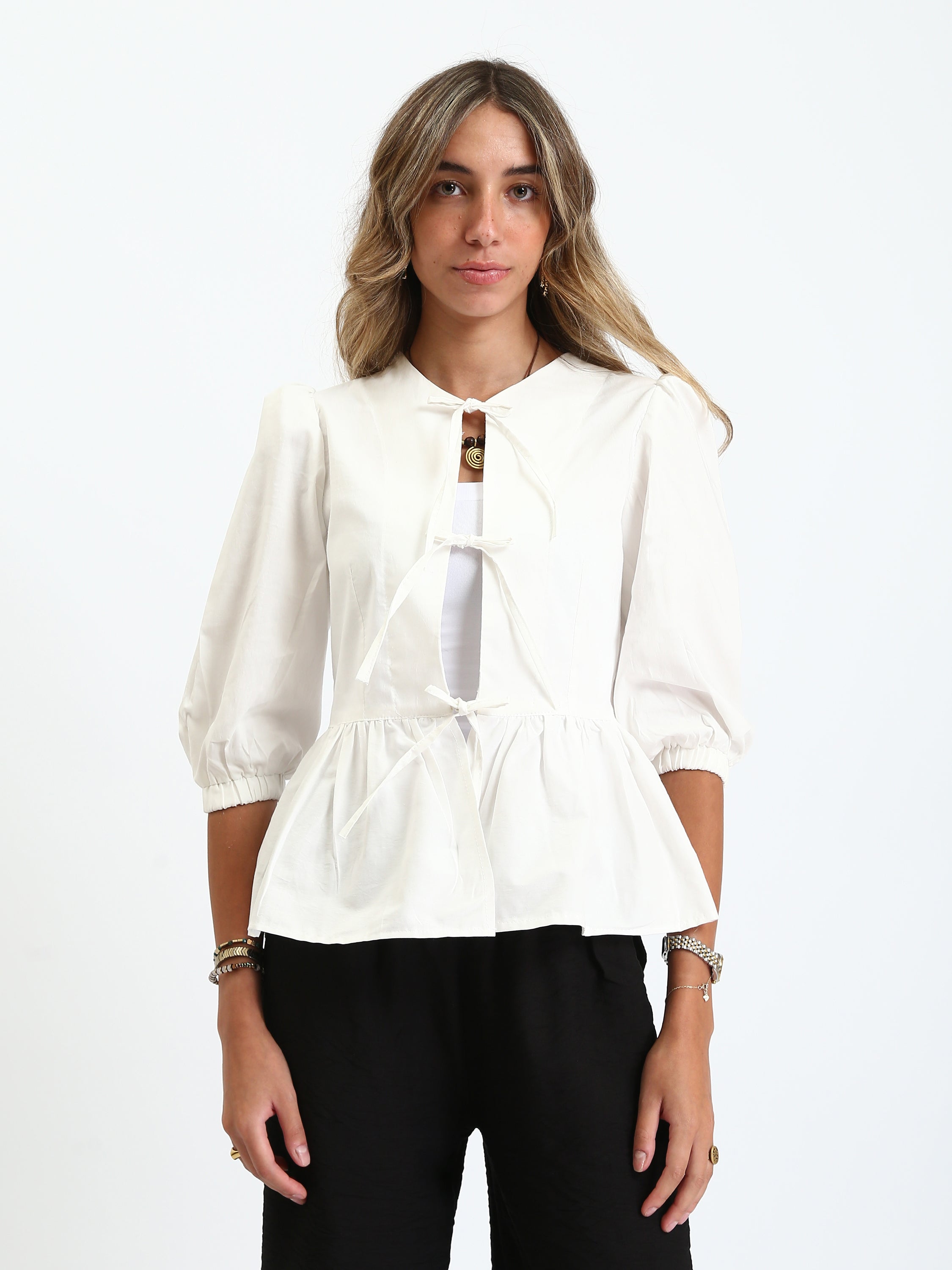 Poplin Front-Tie Peplum Blouse - White