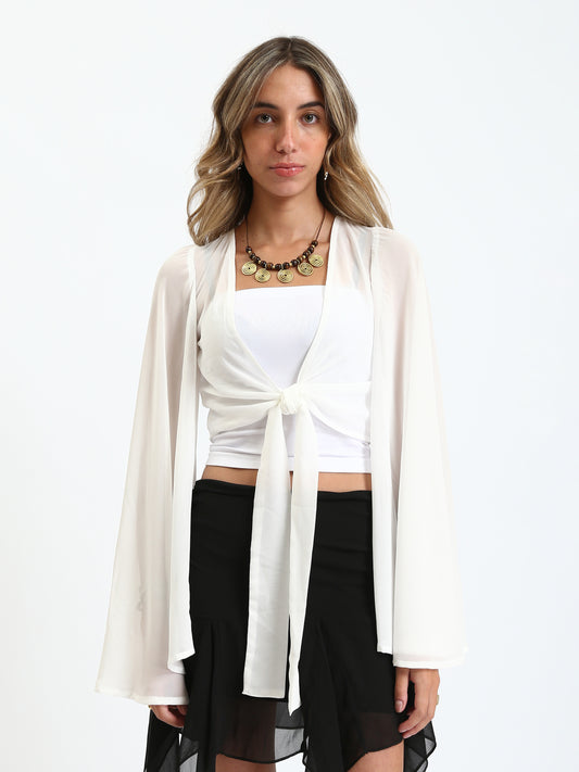 Chiffon Sheer Tie-Front Blouse - White