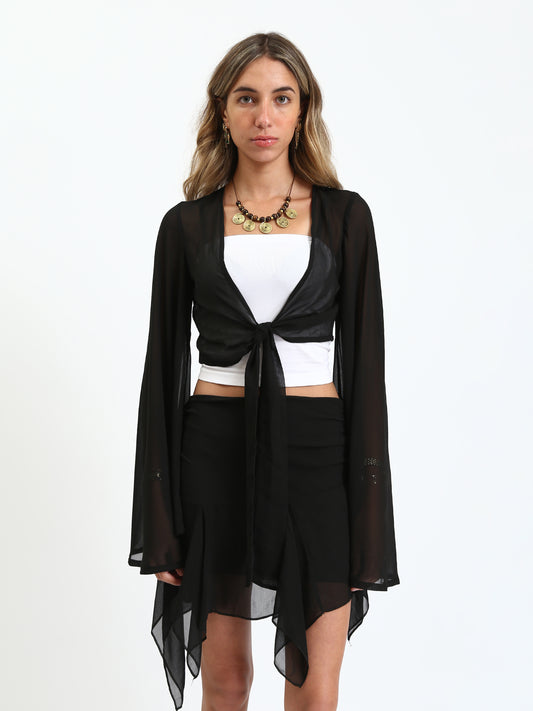 Chiffon Sheer Tie-Front Blouse - Black