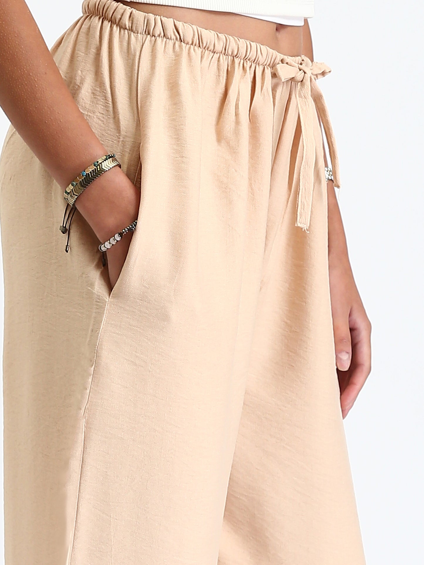 Synthetic Relaxed Wide-Leg Lounge Pants - Beige