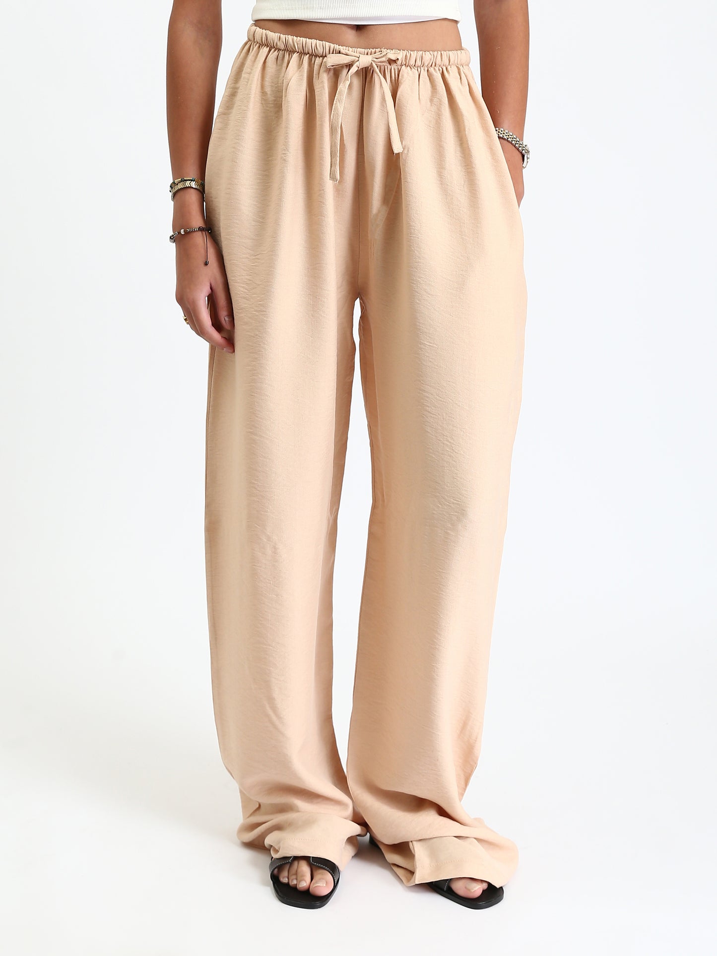Synthetic Relaxed Wide-Leg Lounge Pants - Beige